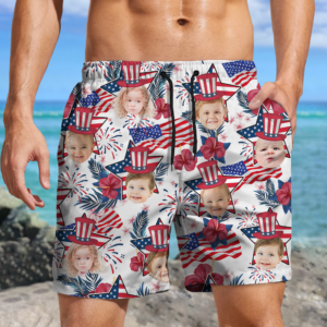Lively Design Beach Short Custom Photo US Flag With Hawaii Pattern Man Beach Shorts, Father's Day Gift, For Dad HO82 894054 Set of 3