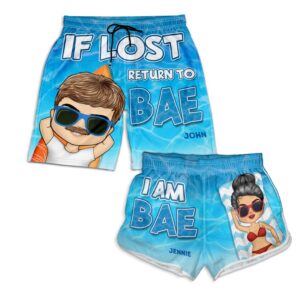 Classic Touch Beach Short If Lost Return To Bae Summer Beach Vibe - Gift For Spouse, Lover, Husband, Wife, Boyfriend, Girlfriend - Personalized Custom Couple Beach Shorts Set of 4