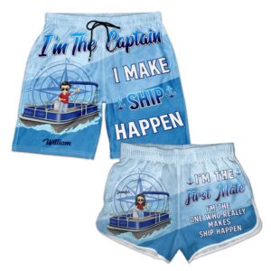 Classic Touch Beach Short Pontoon Couple I'm The Captain I'm The First Mate - Gift For Husband, Wife, Pontooning Lovers, Lake Lovers, Travelers - Personalized Couple Beach Shorts