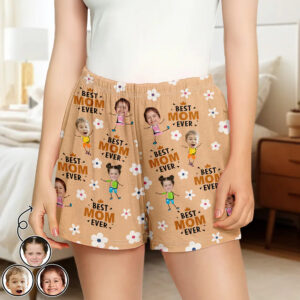 Classic Touch Beach Short Custom Photo Best Mom Grandma Ever Flower Pattern - Personalized Pajama Shorts Set of 3