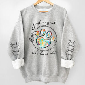 Dynamic Hue Sweatshirt A Beautiful Girl Who Loves Pets - Dog & Cat Personalized Custom Unisex Sweatshirt With Design On Sleeve - Gift For Pet Owners, Pet Lovers Set of 4