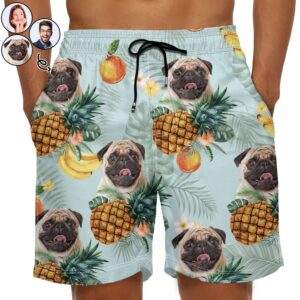Classic Touch Beach Short Custom Photo Funny Family Pet Face Tropical Fruit - Funny Gift For Pet Lovers, Dog Mom, Cat Mom, Dog Dad, Cat Dad - Personalized Unisex Beach Shorts Set of 10