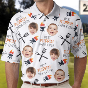 Made to Shine Polo Shirt Personalized Best Flippin' Dad Ever Polo Shirt with Face, Father's Day Gift Set of 4